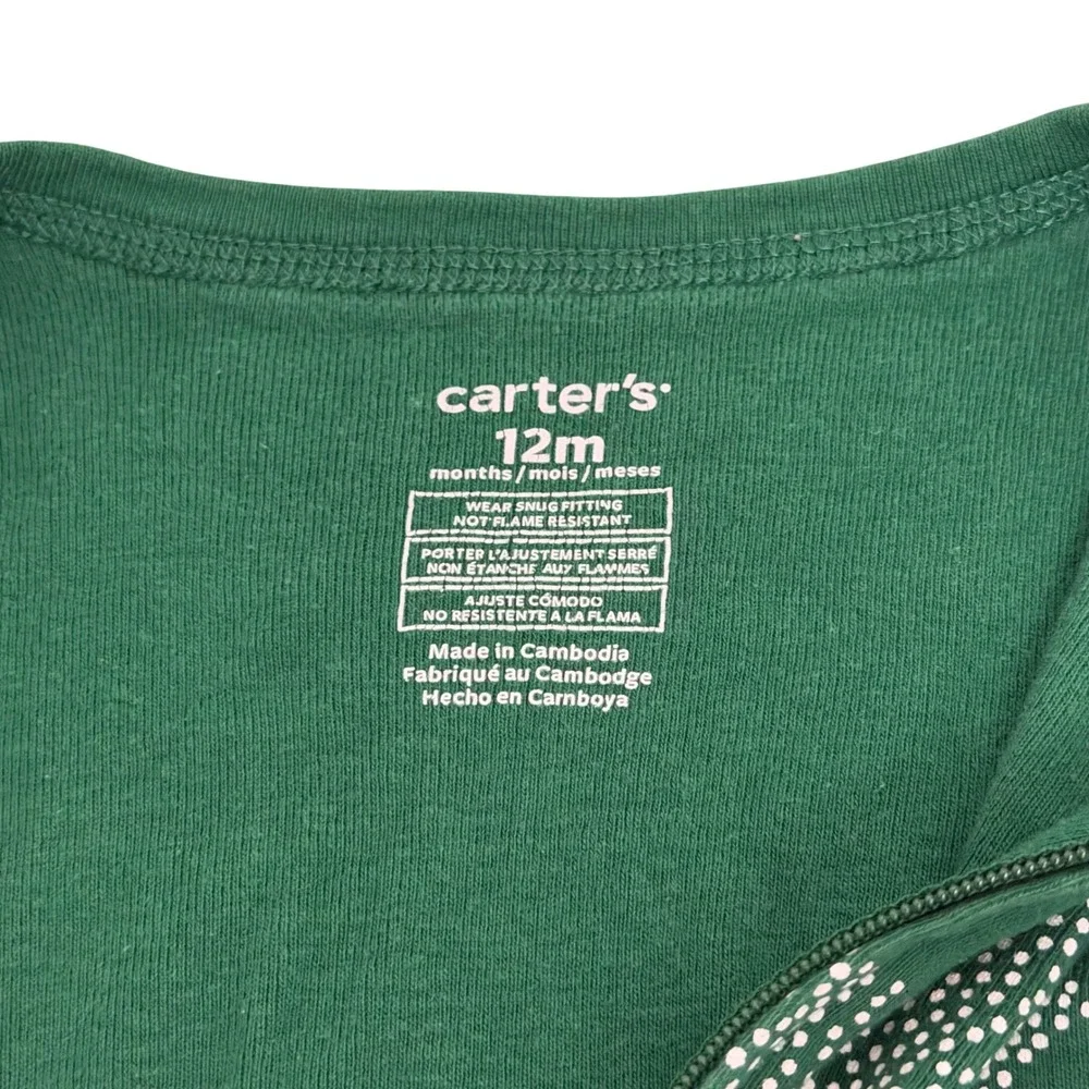 Carters Baby 12M Green Christmas Tree Dotted Zip Up Cotton Footed Pajamas PJs
